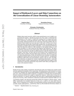 Impact of Bottleneck Layers and Skip Connections on the Generalization of Linear Denoising Autoencoders