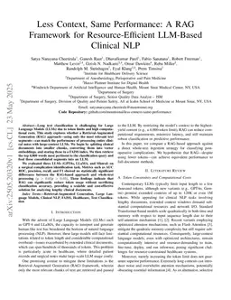 Less Context, Same Performance: A RAG Framework for Resource-Efficient LLM-Based Clinical NLP