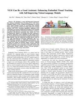 VLM Can Be a Good Assistant: Enhancing Embodied Visual Tracking with Self-Improving Vision-Language Models