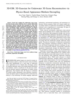 3D-UIR: 3D Gaussian for Underwater 3D Scene Reconstruction via Physics Based Appearance-Medium Decoupling