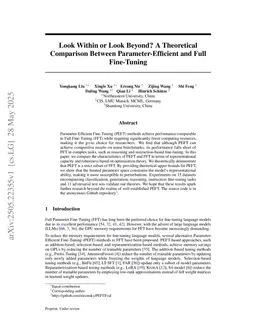 Look Within or Look Beyond? A Theoretical Comparison Between Parameter-Efficient and Full Fine-Tuning