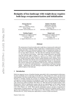 Benignity of loss landscape with weight decay requires both large overparametrization and initialization