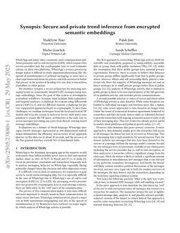 Synopsis: Secure and private trend inference from encrypted semantic embeddings