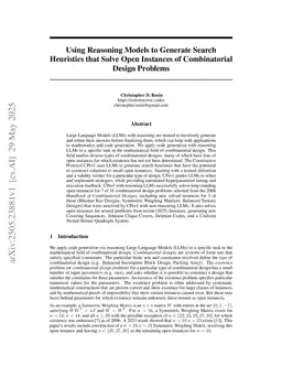 Using Reasoning Models to Generate Search Heuristics that Solve Open Instances of Combinatorial Design Problems