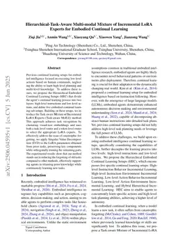 Hierarchical-Task-Aware Multi-modal Mixture of Incremental LoRA Experts for Embodied Continual Learning