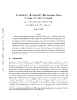 Admissibility of Completely Randomized Trials: A Large-Deviation Approach