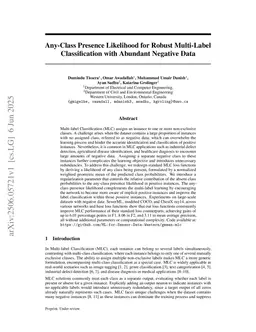 Any-Class Presence Likelihood for Robust Multi-Label Classification with Abundant Negative Data