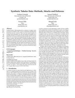 Synthetic Tabular Data: Methods, Attacks and Defenses
