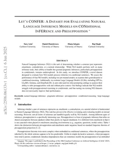 Let's CONFER: A Dataset for Evaluating Natural Language Inference Models on CONditional InFERence and Presupposition