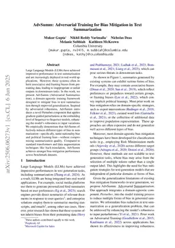 AdvSumm: Adversarial Training for Bias Mitigation in Text Summarization