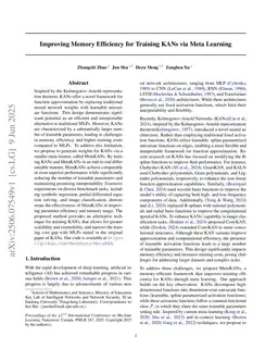Improving Memory Efficiency for Training KANs via Meta Learning