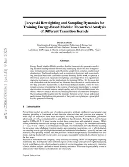 Jarzynski Reweighting and Sampling Dynamics for Training Energy-Based Models: Theoretical Analysis of Different Transition Kernels