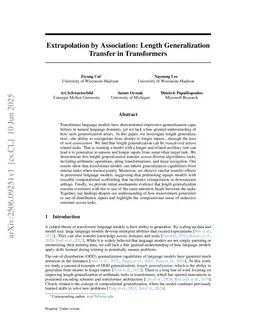 Extrapolation by Association: Length Generalization Transfer in Transformers