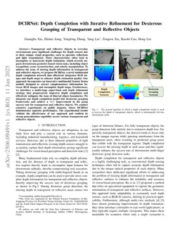 DCIRNet: Depth Completion with Iterative Refinement for Dexterous Grasping of Transparent and Reflective Objects