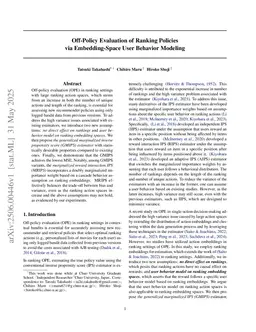 Off-Policy Evaluation of Ranking Policies via Embedding-Space User Behavior Modeling