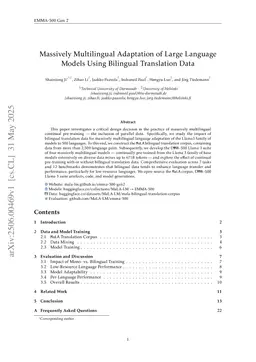 Massively Multilingual Adaptation of Large Language Models Using Bilingual Translation Data