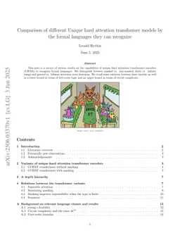 Comparison of different Unique hard attention transformer models by the formal languages they can recognize