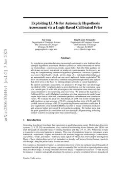 Exploiting LLMs for Automatic Hypothesis Assessment via a Logit-Based Calibrated Prior