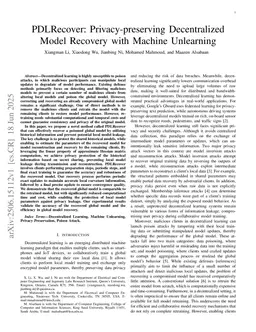 PDLRecover: Privacy-preserving Decentralized Model Recovery with Machine Unlearning