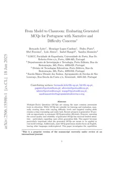 From Model to Classroom: Evaluating Generated MCQs for Portuguese with Narrative and Difficulty Concerns