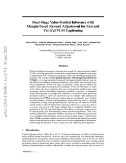 Dual-Stage Value-Guided Inference with Margin-Based Reward Adjustment for Fast and Faithful VLM Captioning