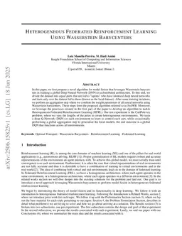 Heterogeneous Federated Reinforcement Learning Using Wasserstein Barycenters