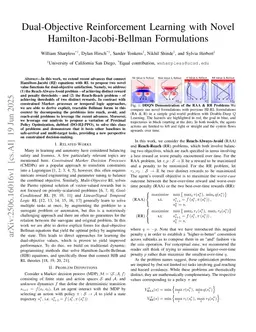 Dual-Objective Reinforcement Learning with Novel Hamilton-Jacobi-Bellman Formulations