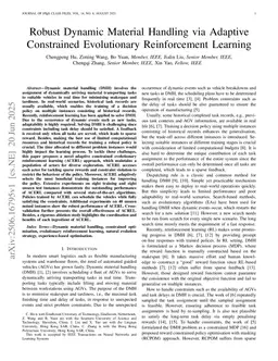 Robust Dynamic Material Handling via Adaptive Constrained Evolutionary Reinforcement Learning