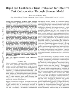 Rapid and Continuous Trust Evaluation for Effective Task Collaboration Through Siamese Model