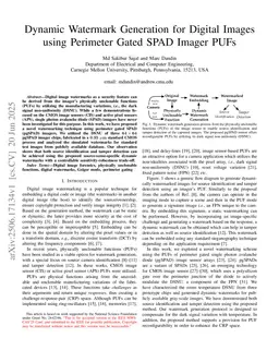 Dynamic Watermark Generation for Digital Images using Perimeter Gated SPAD Imager PUFs
