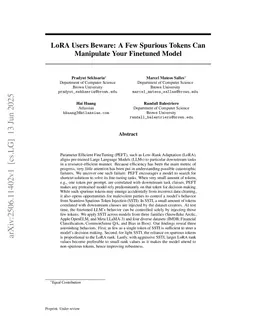 LoRA Users Beware: A Few Spurious Tokens Can Manipulate Your Finetuned Model