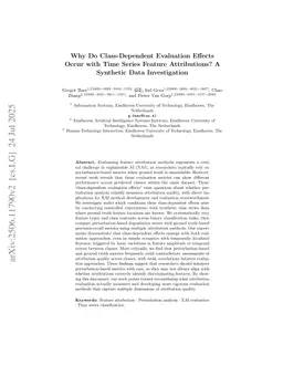 Why Do Class-Dependent Evaluation Effects Occur with Time Series Feature Attributions? A Synthetic Data Investigation