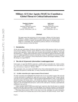 Military AI Cyber Agents (MAICAs) Constitute a Global Threat to Critical Infrastructure