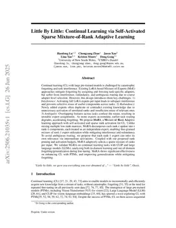Little By Little: Continual Learning via Self-Activated Sparse Mixture-of-Rank Adaptive Learning