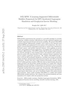 JAX-MPM: A Learning-Augmented Differentiable Meshfree Framework for GPU-Accelerated Lagrangian Simulation and Geophysical Inverse Modeling