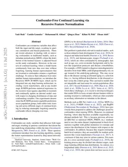 Confounder-Free Continual Learning via Recursive Feature Normalization