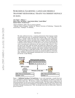 Subliminal Learning: Language models transmit behavioral traits via hidden signals in data