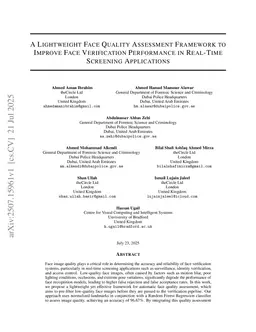 A Lightweight Face Quality Assessment Framework to Improve Face Verification Performance in Real-Time Screening Applications