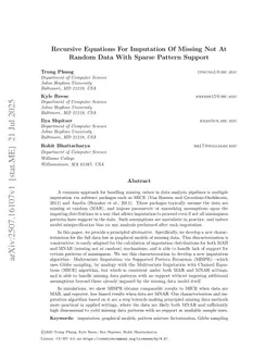 Recursive Equations For Imputation Of Missing Not At Random Data With Sparse Pattern Support
