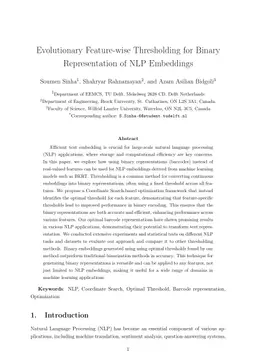 Evolutionary Feature-wise Thresholding for Binary Representation of NLP Embeddings