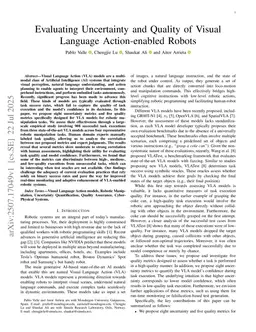 Evaluating Uncertainty and Quality of Visual Language Action-enabled Robots