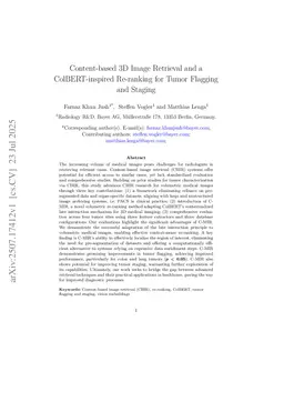 Content-based 3D Image Retrieval and a ColBERT-inspired Re-ranking for Tumor Flagging and Staging