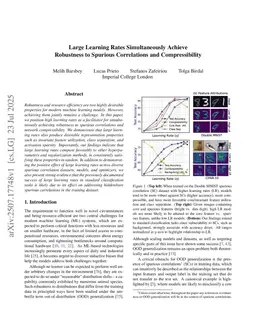Large Learning Rates Simultaneously Achieve Robustness to Spurious Correlations and Compressibility