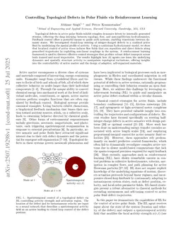Controlling Topological Defects in Polar Fluids via Reinforcement Learning