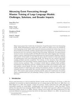 Advancing Event Forecasting through Massive Training of Large Language Models: Challenges, Solutions, and Broader Impacts