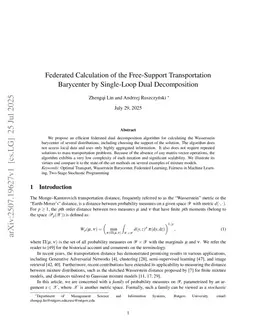 Federated Calculation of the Free-Support Transportation Barycenter by Single-Loop Dual Decomposition