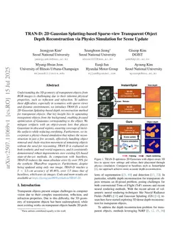 TRAN-D: 2D Gaussian Splatting-based Sparse-view Transparent Object Depth Reconstruction via Physics Simulation for Scene Update
