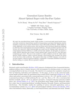 Generalized Linear Bandits: Almost Optimal Regret with One-Pass Update