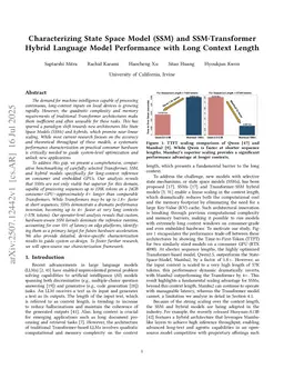 Characterizing State Space Model (SSM) and SSM-Transformer Hybrid Language Model Performance with Long Context Length