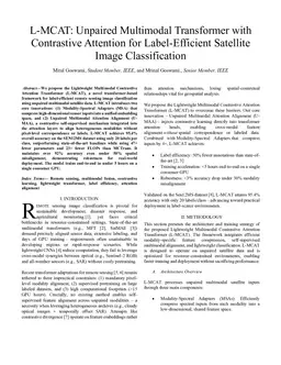 L-MCAT: Unpaired Multimodal Transformer with Contrastive Attention for Label-Efficient Satellite Image Classification